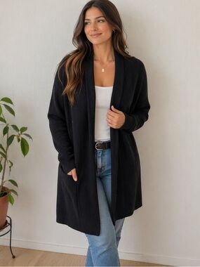 H&M Black Wool Blend Long Open Front Cardigan Sweater Cozy Layering Medium